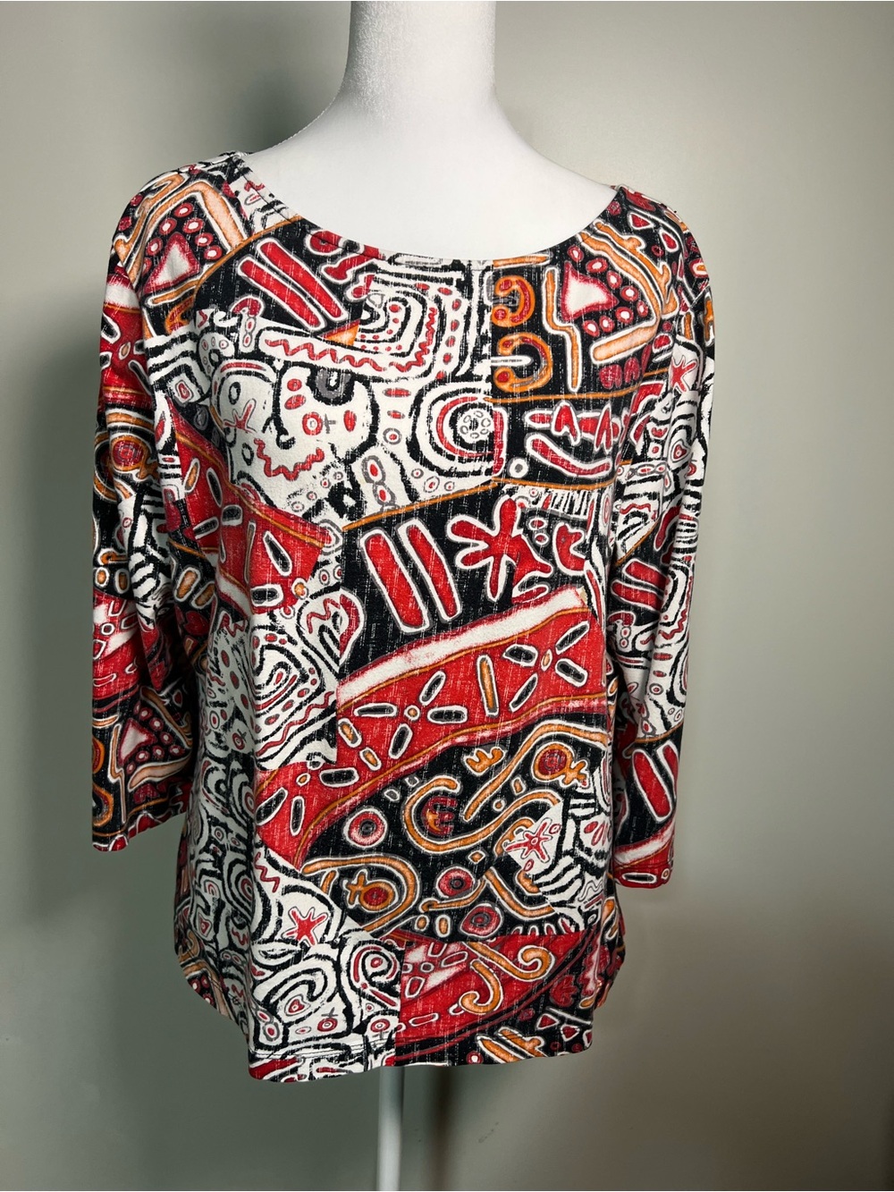 Ruby Rd. Red, Black & White Abstract Patchwork Tunic with Orange Accents